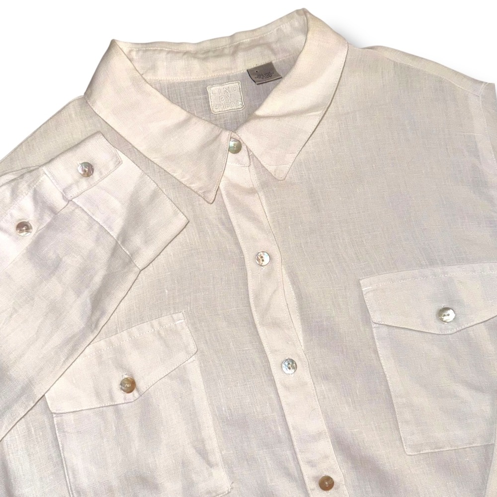 Chicos Lino Size 2 White 100% Linen Button Down Long Sleeve Resort Shirt